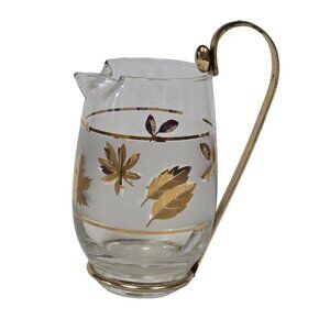 Vintage Libbey 22K Gold Foliage 6" Glass Pitcher Metal Handle MCM Home Décor